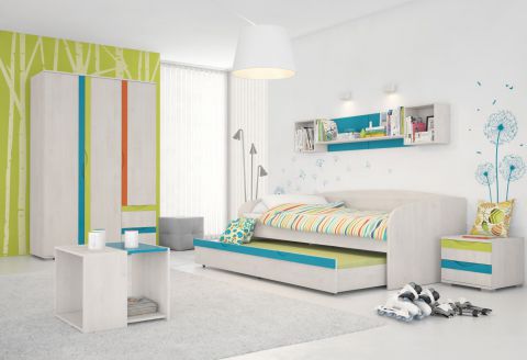 Kinderkamer / tienerkamer compleet - Set E Peter, 7 delig, kleur: wit grenen / oranje / geel / turquoise