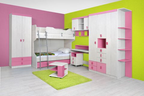 Kinderkamer / tienerkamer compleet - Set E Luis, 12 stuks, kleur: eiken wit / roze