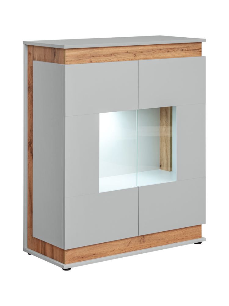 Kleine vitrinekast Asheim 03, kleur: grijs / eik Artisan - Afmetingen: 111 x 90 x 40 cm (H x B x D), met LED-verlichting