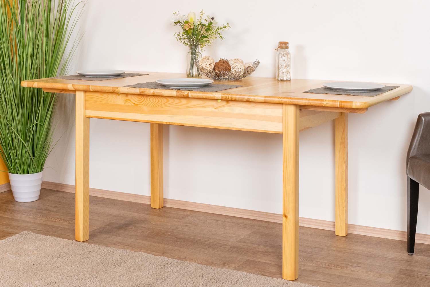 Uitschuifbare tafel massief grenen,, naturel 008 (hoekig) - afmetingen 120/170 x 80 cm (b x d)