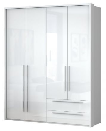 Drehtürenschrank / Kleiderschrank mit LED-Rahmen Siumu 28, Farbe: Weiß / Weiß Hochglanz - 226 x 187 x 60 cm (H x B x T)