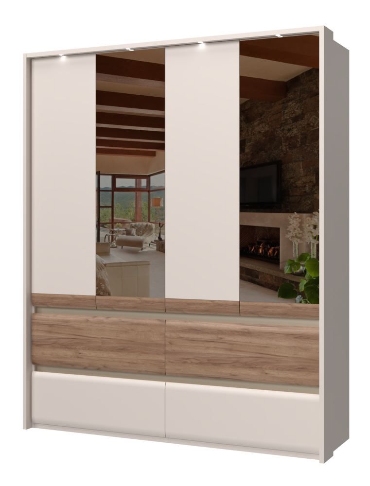 Kledingkast met spiegel Papauta 06, kleur: Cashmere / Donkere eik - afmetingen: 226 x 187 x 60 cm (H x B x D)