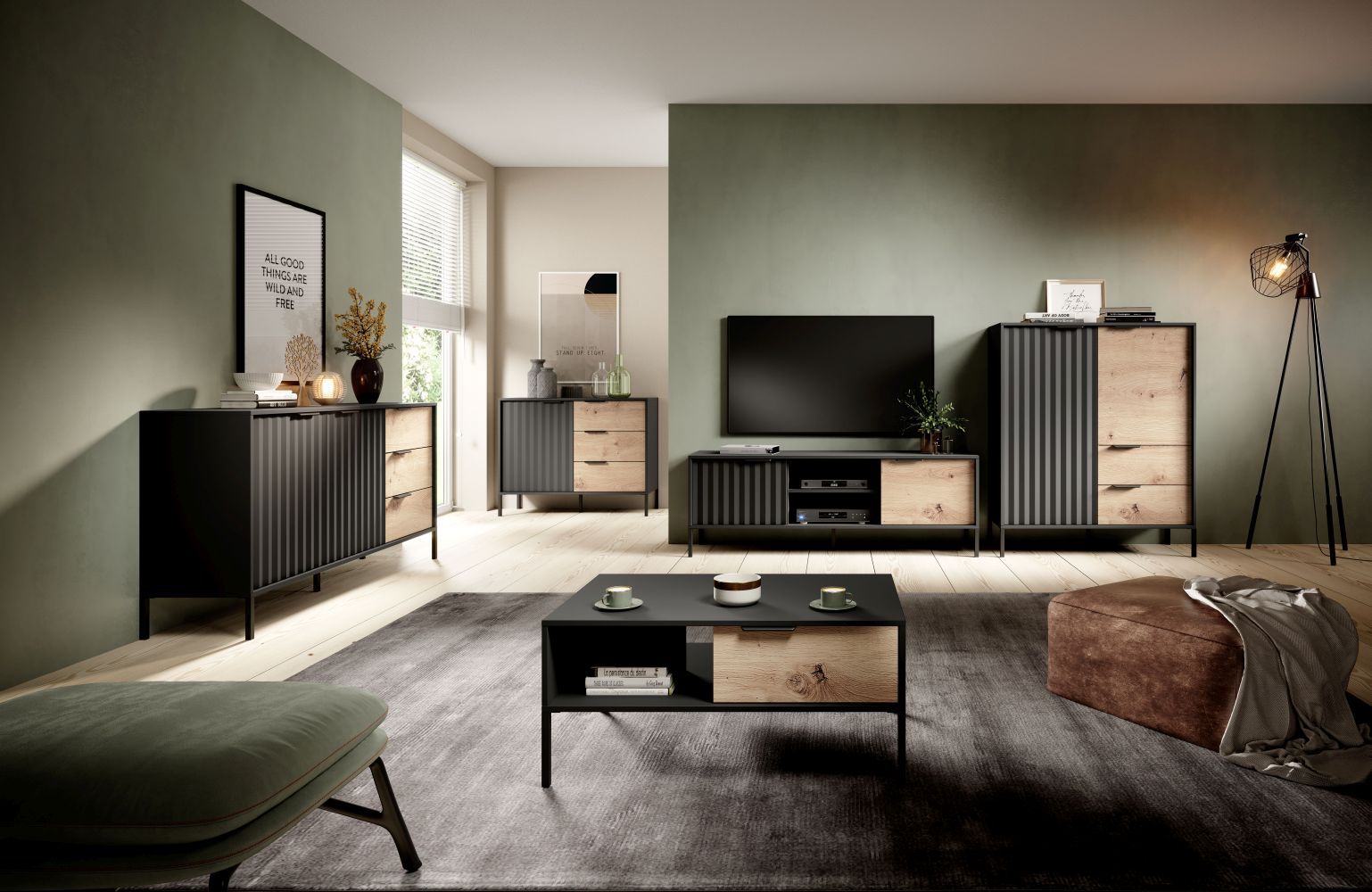 Complete woonkamer set C Fouchana, 5-delig, kleur: Zwart / Eiken Artisan
