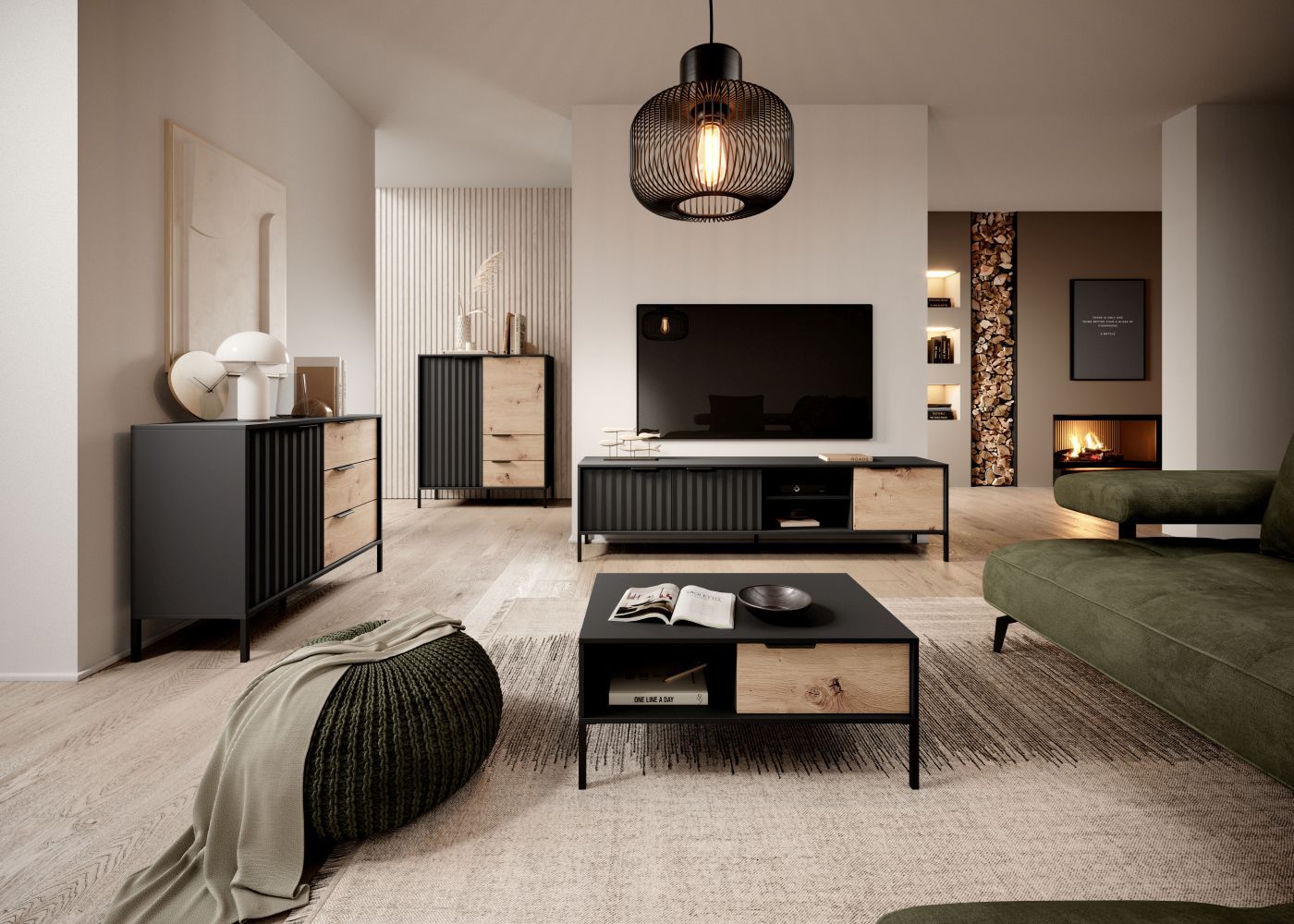 Complete woonkamer set D Fouchana, 4-delig, kleur: Zwart / Eiken Artisan