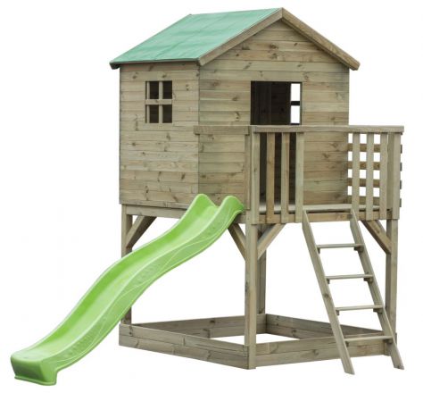 Speeltoren S20B, dak: groen, incl. golfglijbaan, balkon, zandbak en houten ladder - Afmetingen: 330 x 251 cm (B x D)