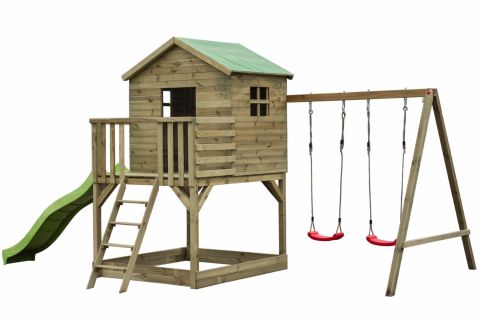 Speeltoren S20D, dak: groen, incl. golfglijbaan, dubbele schommel aanbouw, balkon, zandbak en houten ladder - Afmetingen: 522 x 363 cm (B x D)