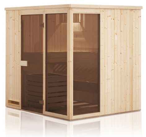 prefab elementen sauna Kawir 68 mm met 2 ramen en dakrand - buitenmaten (B x D x H): 175 x 194 x 199 cm