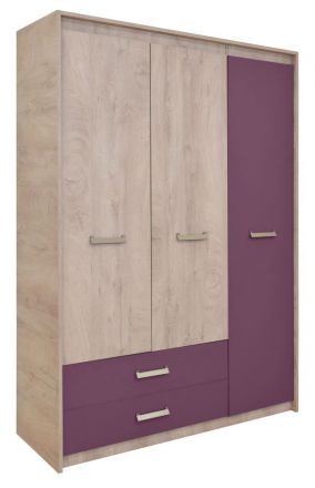 Kinderkamer -  draaideurkast / kledingkast Koa 03, kleur: eiken / violet - afmetingen: 203 x 142 x 52 cm (H x B x D)