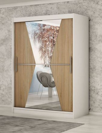 Schuifdeurkast / kledingkast Naranco 03 met spiegel, kleur: mat wit / sonoma eiken - Afmetingen: 200 x 150 x 62 cm ( H x B x D)