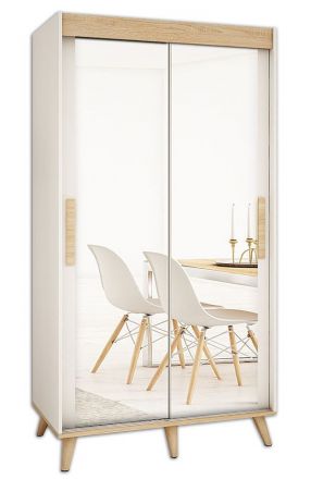 Schuifdeurkast / kleerkast Perdito 01E met spiegel, kleur: mat wit / beuken - Afmetingen: 208 x 100,5 x 62 cm ( H x B x D)