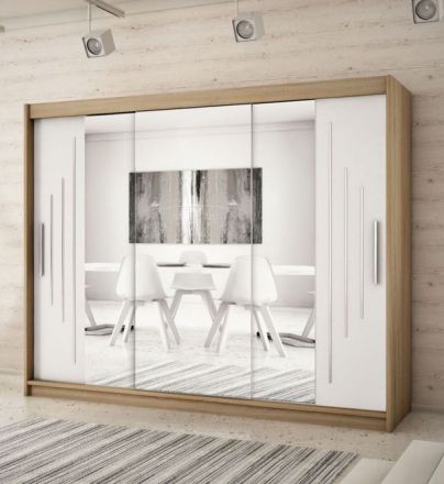 Schuifdeurkast / kleerkast met spiegel Tomlis 06B, kleur: sonoma eiken / mat wit - afmetingen: 200 x 250 x 62 cm (H x B x D)
