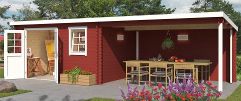Tuinhuis met overkapping G260 Zweeds rood - 28 mm blokhut profielplanken, grondoppervlakte: 20,32 m², lessenaarsdak