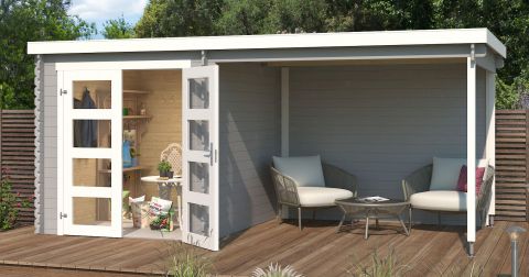 Tuinhuis met overkapping G280 Lichtgrijs - 28 mm blokhut profielplanken, grondoppervlakte: 10,47 m², plat dak