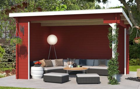 Overkapping G281 Zweeds rood - 28 mm rondhout, oppervlakte: 10,09 m², plat dak