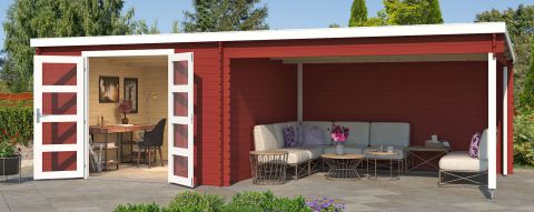Tuinhuis met overkapping G270 Zweeds rood - 28 mm blokhut profielplanken, grondoppervlakte: 22,85 m², lessenaarsdak