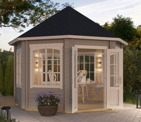 Chalet / tuinhuis G67 lichtgrijs incl. vloer - 44 mm, bruikbare oppervlakte: 9,50 m², tentdak