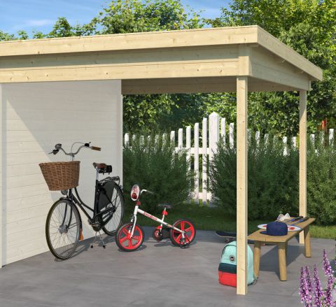 Aanbouw dak voor tuinhuis G264 onbehandeld - 28 mm blokhut profielplanken, grondoppervlakte: 5,97 m², lessenaarsdak
