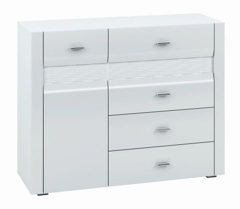 Kommode Heber 07, Farbe: Weiß / Weiß Glanz - Abmessungen: 94 x 119 x 42 cm (H x B x T), mit 1 Tür, 4 Schubladen und 2 Fächern