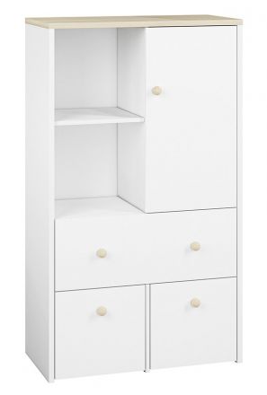 Kinderkamer - ladekast / dressoir Egvad 08, kleur: wit / beuken - afmetingen: 141 x 82 x 40 cm (h x b x d), met 1 deur, 3 laden en 4 vakken
