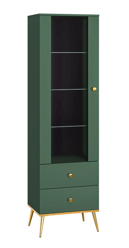 Vitrinekast Inari 01, kleur: bos groen - afmetingen: 190 x 55 x 40 cm (H x B x D), met 1 deur, 2 laden en 4 vakken