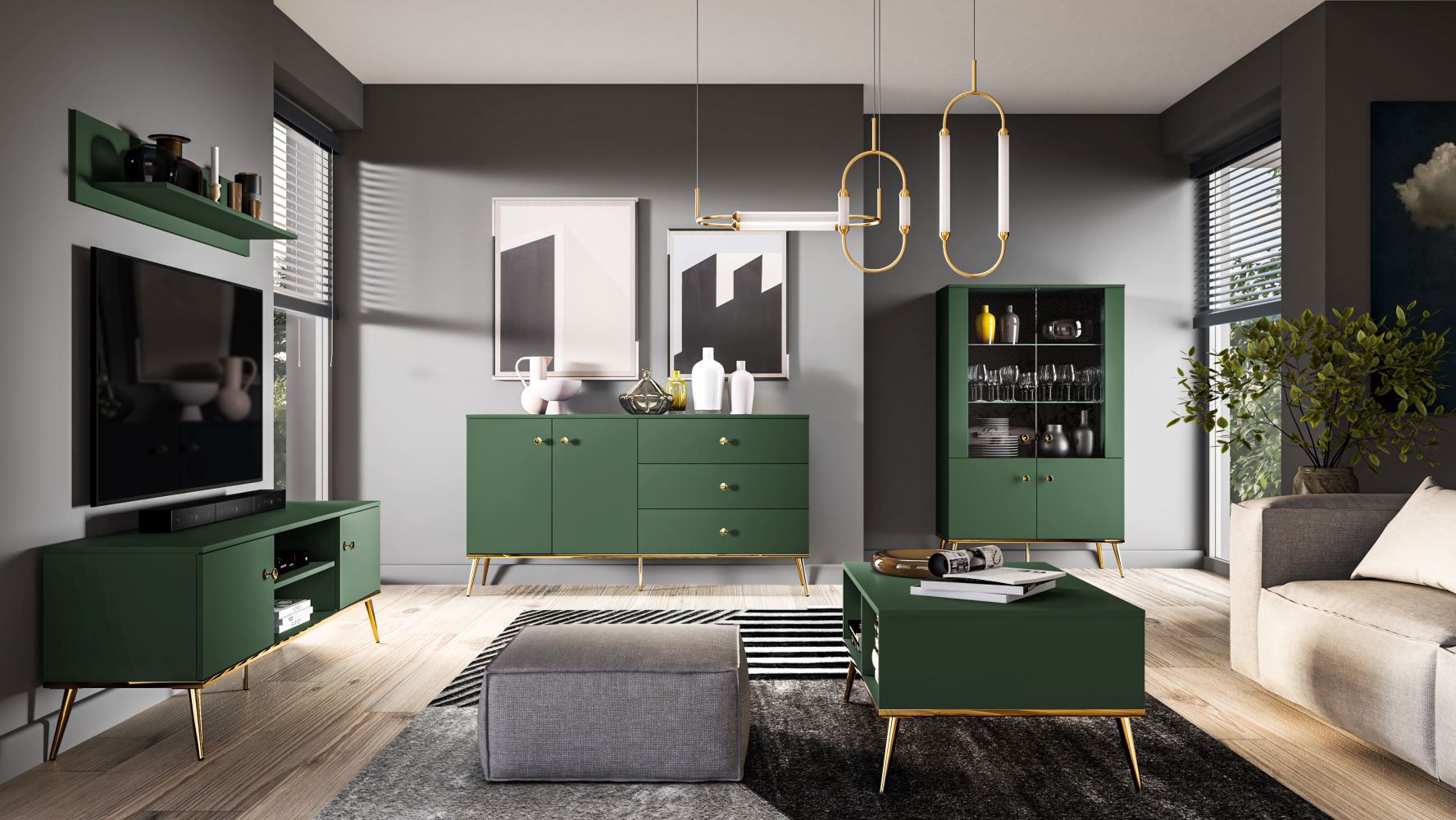 Complete woonkamer set C Inari, 5-delig, kleur: bos groen/goud