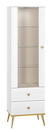Vitrinekast Roanoke 02, kleur: wit / glanzend wit - Afmetingen: 190 x 55 x 40 cm (H x B x D), met 1 deur, 2 laden en 4 vakken