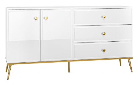 dressoir / sideboard kast Roanoke 04, kleur: wit / glanzend wit - Afmetingen: 85 x 160 x 40 cm (H x B x D), met 2 deuren, 3 laden en 2 vakken