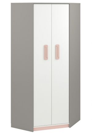 Kinderkamer - kledingkast / hoekkast Renton 01, kleur: platina grijs / wit / poederroze - afmetingen: 199 x 82 x 82 cm (h x b x d), met 2 deuren en 6 vakken