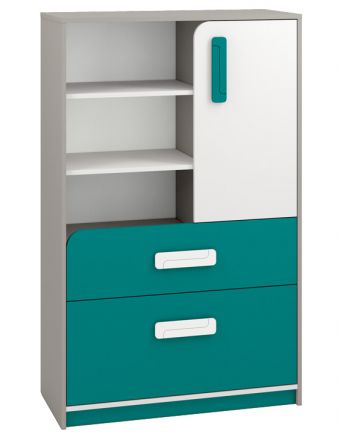 Kinderkamer - ladekast / dressoir Renton 07, kleur: platina grijs / wit / blauwgroen - afmetingen: 140 x 92 x 40 cm (h x b x d), met 1 deur, 2 laden en 6 vakken