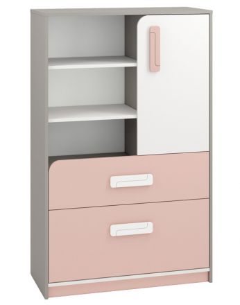 Kinderkamer - ladekast / dressoir Renton 07, kleur: platina grijs / wit / poederroze - afmetingen: 140 x 92 x 40 cm (H x B x D), met 1 deur, 2 laden en 6 vakken