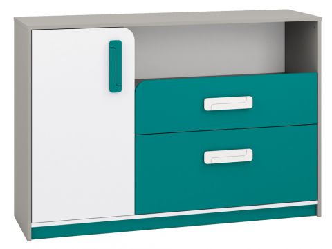 Kinderkamer - ladekast / dressoir Renton 09, kleur: platina grijs / wit / blauwgroen - afmetingen: 94 x 138 x 40 cm (H x B x D), met 1 deur, 2 laden en 4 vakken