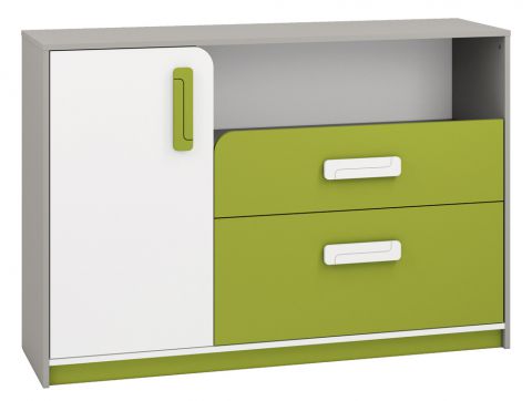 Kinderkamer - ladekast / dressoir Renton 09, kleur: platina grijs / wit / groen - afmetingen: 94 x 138 x 40 cm (H x B x D), met 1 deur, 2 laden en 4 vakken