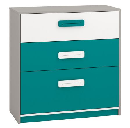 Kinderkamer - ladekast / dressoir Renton 10, kleur: platina grijs / wit / blauwgroen - afmetingen: 94 x 92 x 40 cm (H x B x D), met 3 laden