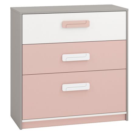 Kinderkamer - ladekast / dressoir Renton 10, kleur: platina grijs / wit / poederroze - afmetingen: 94 x 92 x 40 cm (H x B x D), met 3 laden