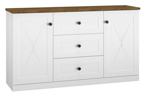 Dressoir / sideboard kast Oulainen 06, kleur: wit / eiken - afmetingen: 86 x 150 x 40 cm (h x b x d), met 2 deuren, 3 laden en 4 vakken