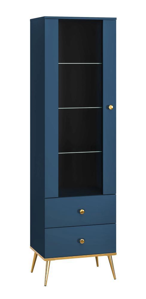 Vitrinekast Kumpula 01, kleur: donkerblauw - afmetingen: 190 x 55 x 40 cm (H x B x D), met 1 deur, 2 laden en 4 vakken