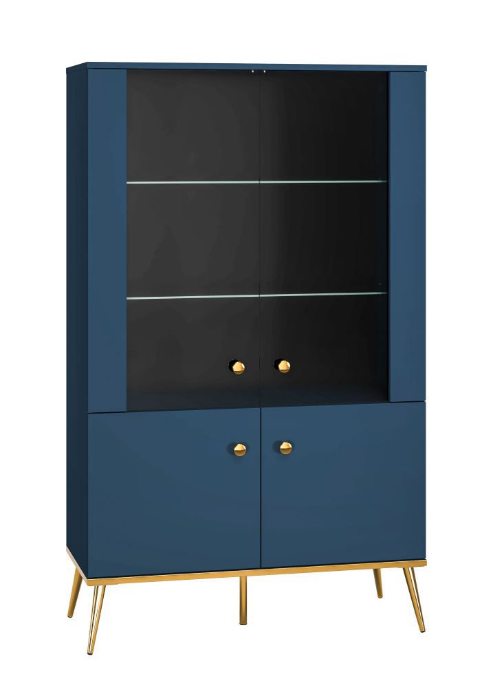 Vitrinekast Kumpula 02, kleur: Donkerblauw - afmetingen: 152 x 92 x 40 cm (H x B x D), met 4 deuren en 4 vakken