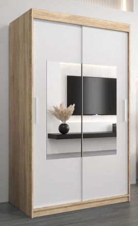 Schuifdeurkast / kledingkast met spiegel Claveles 02, kleur: Sonoma eiken / mat wit - afmetingen: 200 x 120 x 62 cm ( H x B x D)