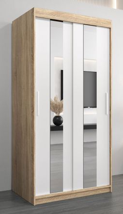 Schuifdeurkast / kleerkast Polos 01 met spiegel, kleur: Sonoma eiken / mat wit - afmetingen: 200 x 100 x 62 cm (H x B x D)