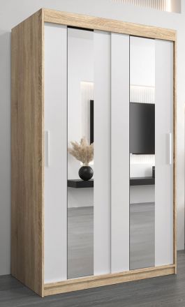 Schuifdeurkast / kleerkast Polos 02 met spiegel, kleur: Sonoma eiken / mat wit - afmetingen: 200 x 120 x 62 cm (H x B x D)