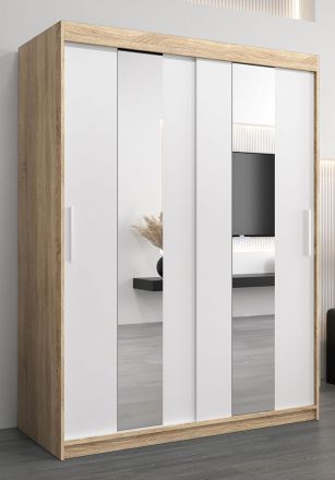 Schuifdeurkast / kleerkast Polos 03 met spiegel, kleur: Sonoma eiken / mat wit - afmetingen: 200 x 150 x 62 cm (H x B x D)