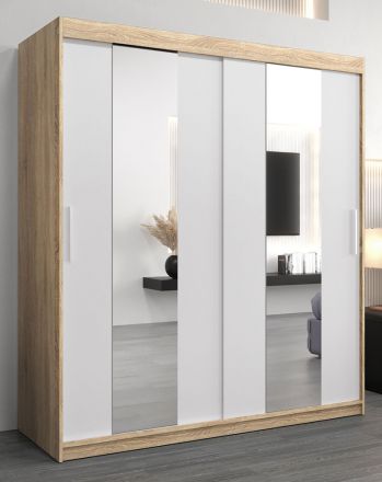 Schuifdeurkast / kledingkast Polos 04 met spiegel, kleur: Sonoma eiken / mat wit - afmetingen: 200 x 180 x 62 cm (H x B x D)