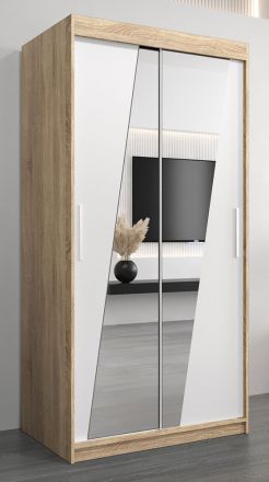 Schuifdeurkast / kledingkast Guajara 01 met spiegel, kleur: Sonoma eiken / mat wit - afmetingen: 200 x 100 x 62 cm (H x B x D)
