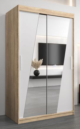 Schuifdeurkast / kledingkast Guajara 02 met spiegel, kleur: Sonoma eiken / mat wit - afmetingen: 200 x 120 x 62 cm (H x B x D)