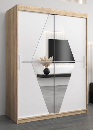 Schuifdeurkast / kledingkast Alphubel 03 met spiegel, kleur: sonoma eiken / mat wit - afmetingen: 200 x 150 x 62 cm ( H x B x D)