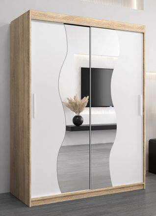 Schuifdeurkast / kleerkast Robinyera 03 met spiegel, kleur: sonoma eiken / mat wit - afmetingen: 200 x 150 x 62 cm ( H x B x D)