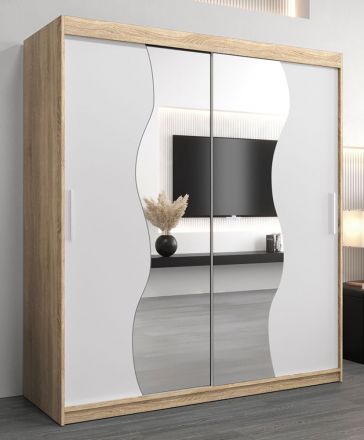 Schuifdeurkast / kleerkast Robinyera 04 met spiegel, kleur: sonoma eiken / mat wit - afmetingen: 200 x 180 x 62 cm ( H x B x D)