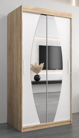 Schuifdeurkast / kledingkast Calvitero 01 met spiegel, kleur: sonoma eiken / mat wit - afmetingen: 200 x 100 x 62 cm ( H x B x D)