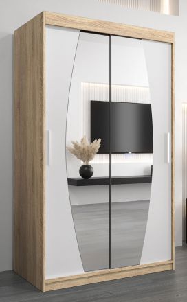 Schuifdeurkast / kledingkast Calvitero 02 met spiegel, kleur: sonoma eiken / mat wit - afmetingen: 200 x 120 x 62 cm ( H x B x D)