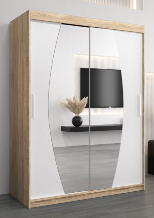 Schuifdeurkast / kledingkast Calvitero 03 met spiegel, kleur: sonoma eiken / mat wit - afmetingen: 200 x 150 x 62 cm ( H x B x D)